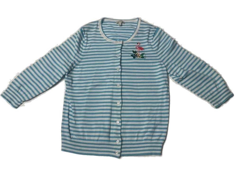 Talbots Blue and White Striped Button-Up Cardigan with Flamingo Embroidery